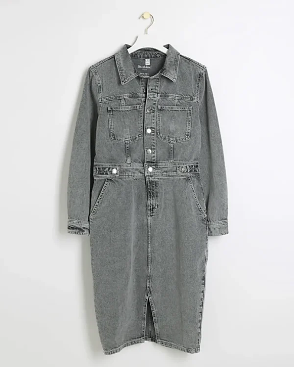 Grey button front denim midi shirt dress