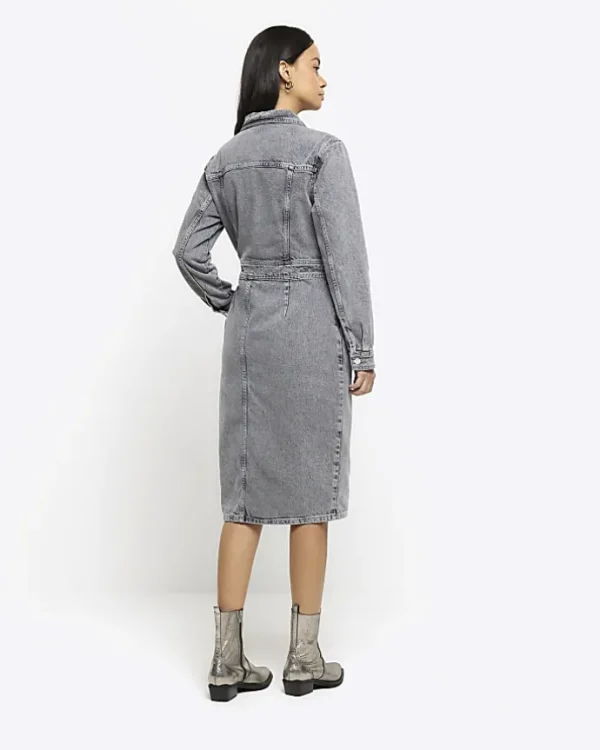 Grey button front denim midi shirt dress