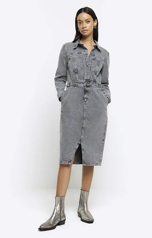 Grey button front denim midi shirt dress