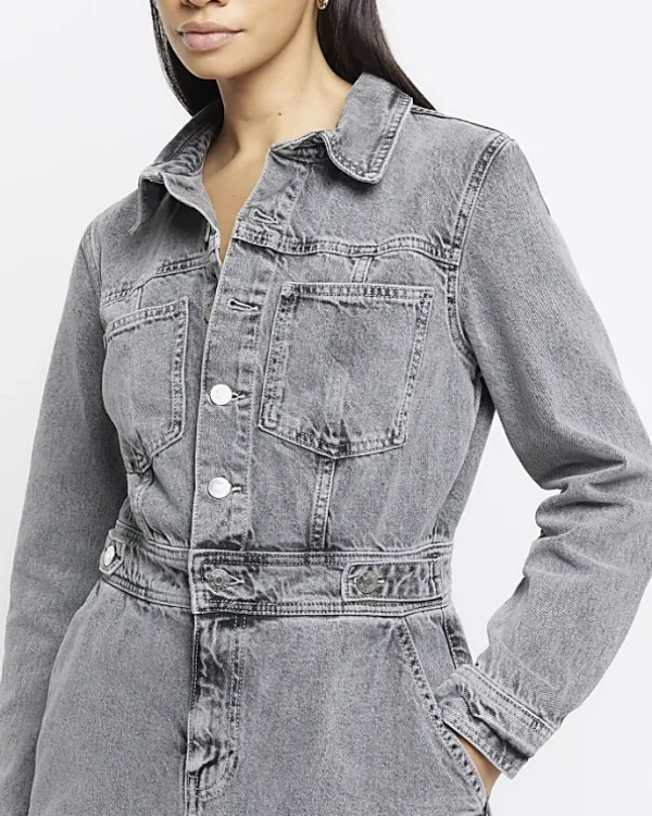 Grey button front denim midi shirt dress