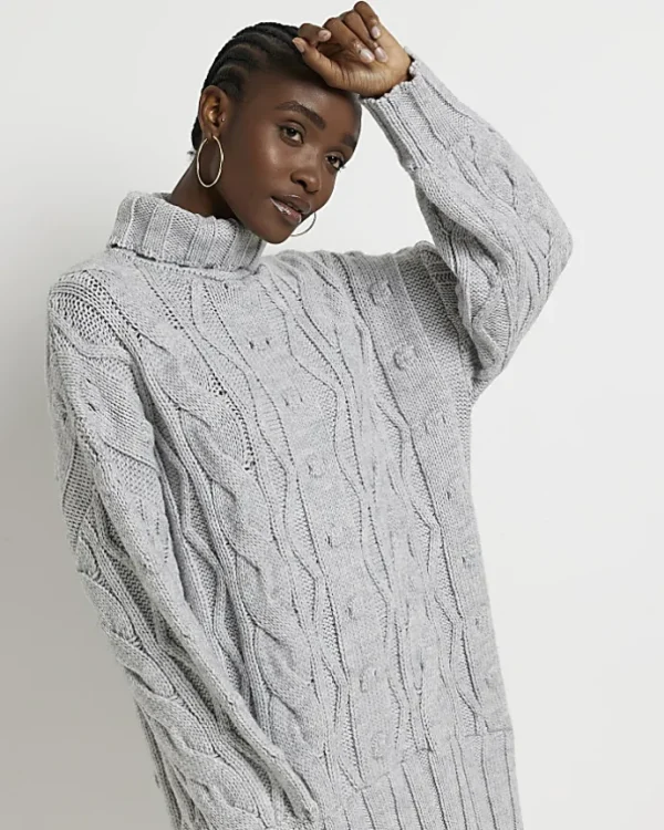 Grey cable knit mini jumper shirt dress