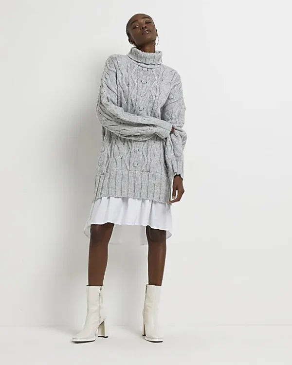 Grey cable knit mini jumper shirt dress