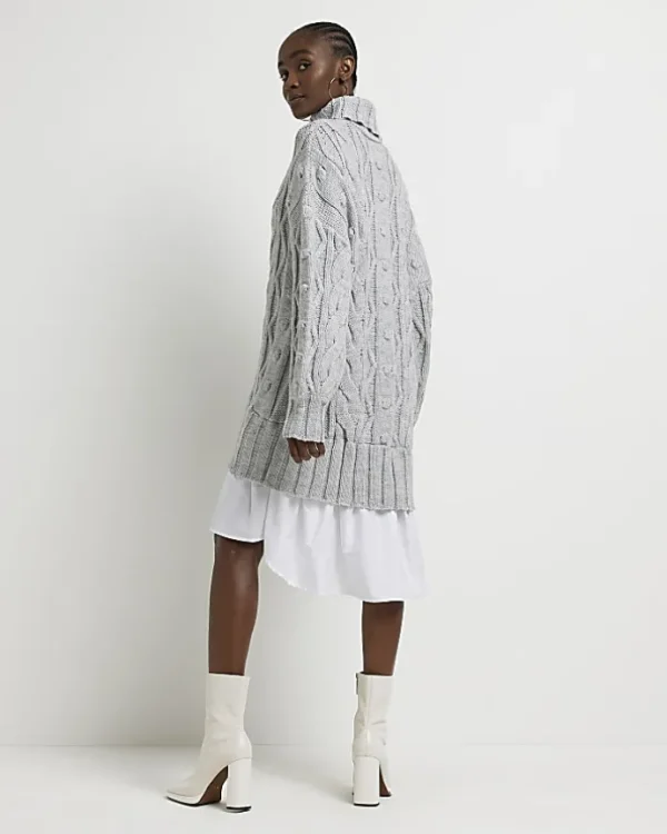 Grey cable knit mini jumper shirt dress