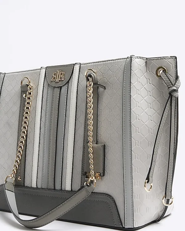 Grey embossed monogram chain tote bag