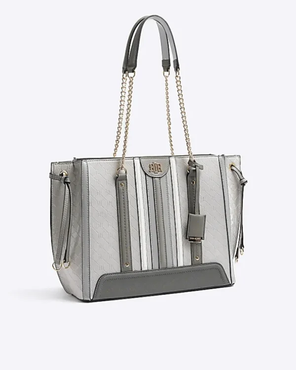 Grey embossed monogram chain tote bag