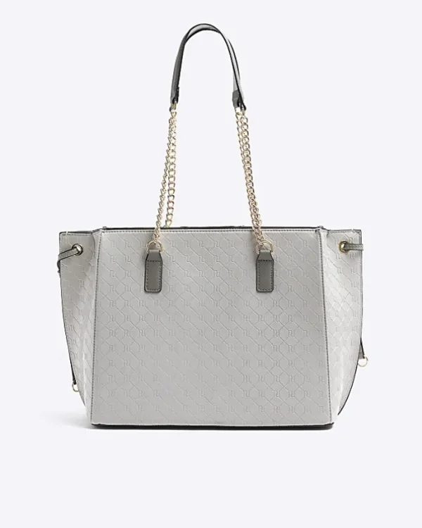 Grey embossed monogram chain tote bag