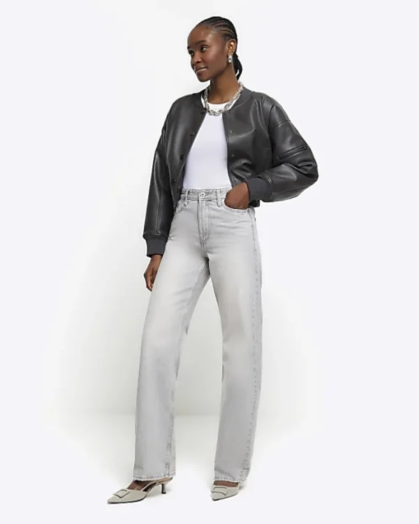 Grey faded high waist relaxed straight jeans