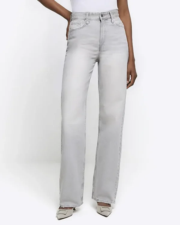 Grey faded high waist relaxed straight jeans