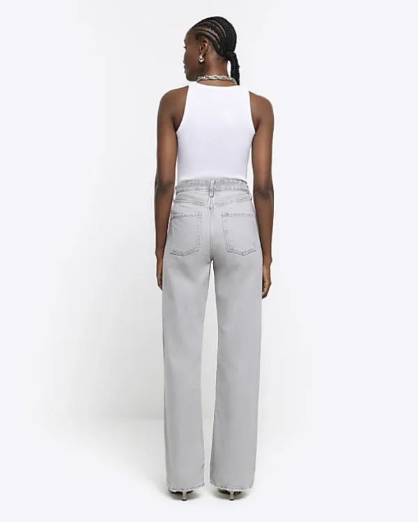 Grey faded high waist relaxed straight jeans