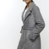 Grey faux fur collar belted jacket