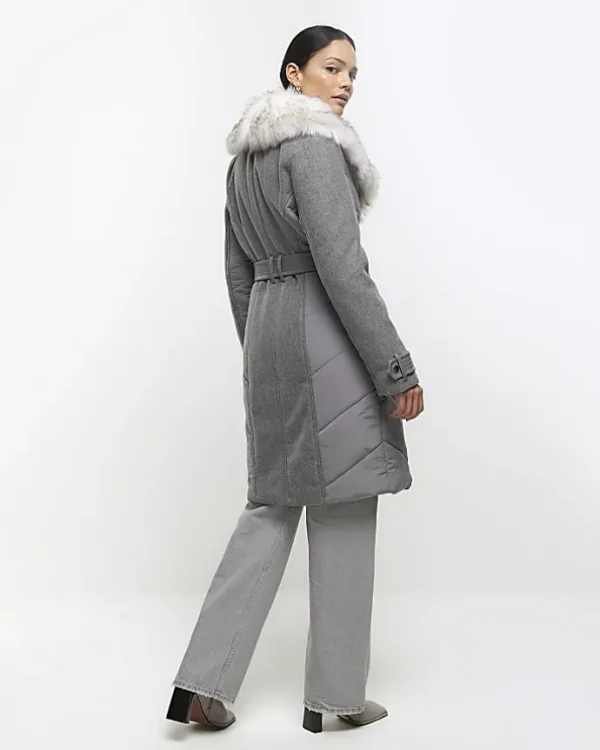 Grey faux fur collar belted jacket