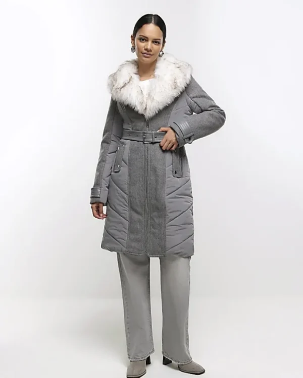 Grey faux fur collar belted jacket