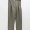 Grey faux leather belted paperbag trousers