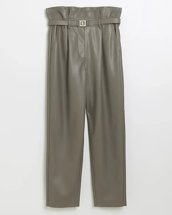 Grey faux leather belted paperbag trousers