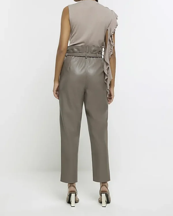 Grey faux leather belted paperbag trousers