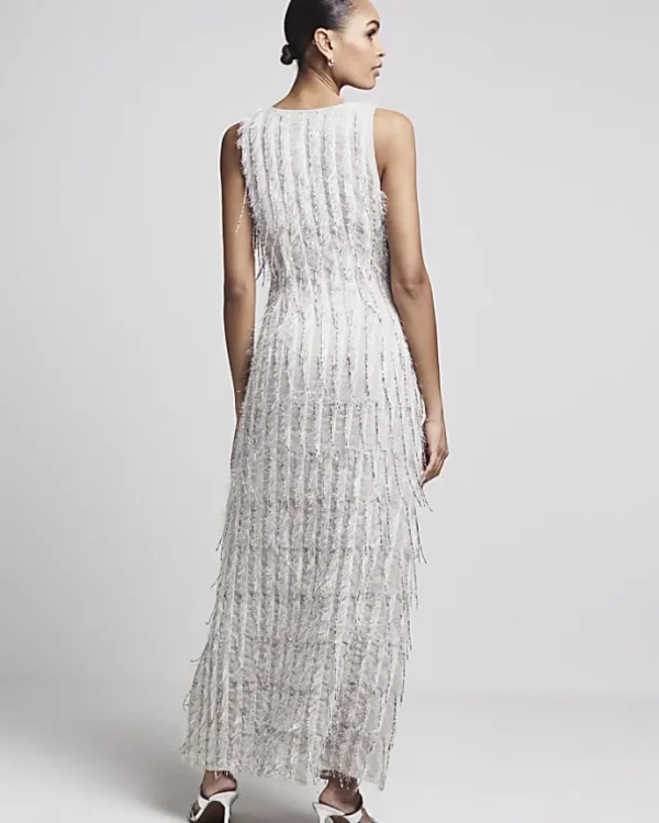 Grey fringe embellished bodycon maxi dress