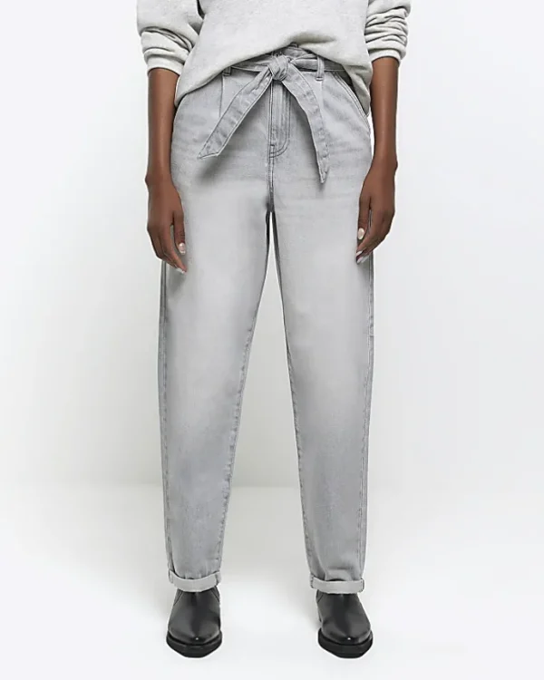 Grey high waisted belted tapered jeans