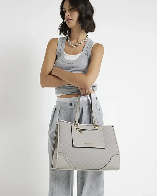 Grey jacquard monogram shopper bag