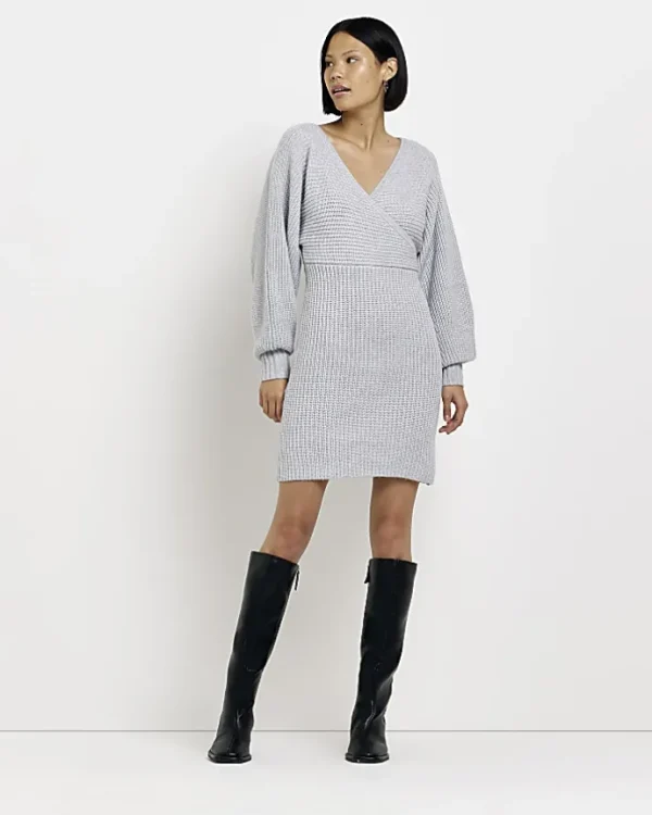 Grey knit long sleeve jumper mini dress