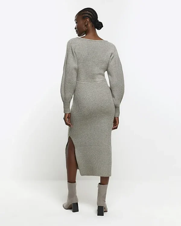 Grey knit wrap jumper midi dress