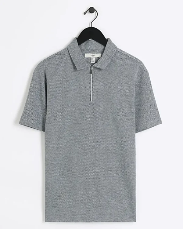 Grey regular fit Herringbone half zip polo