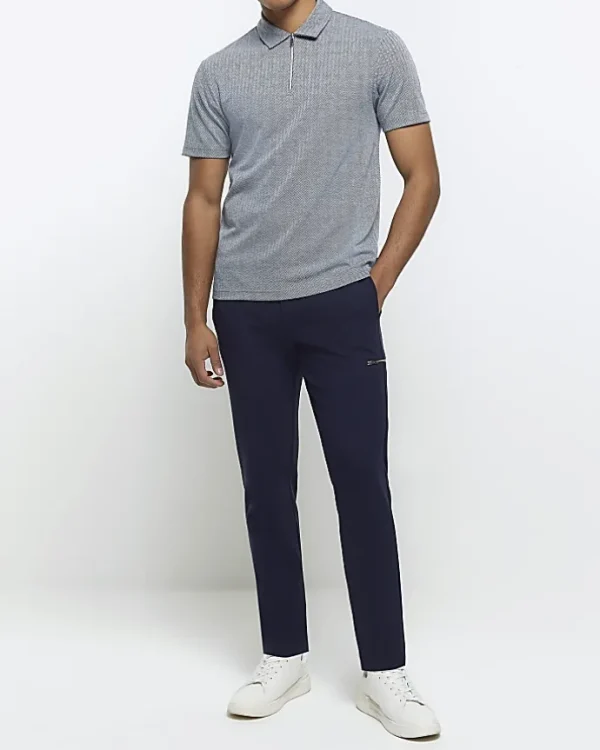 Grey regular fit Herringbone half zip polo