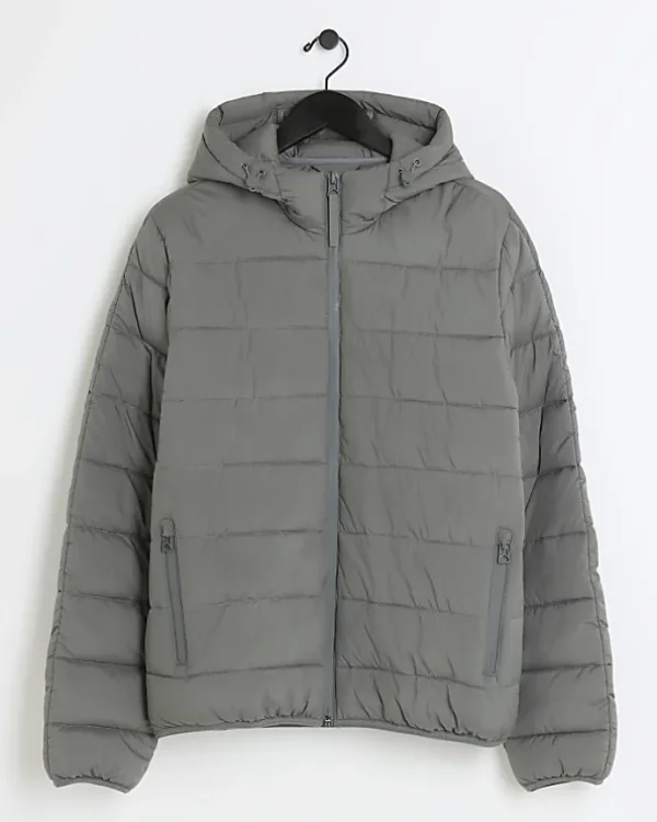 Grey regular fit hooded puffer jacket