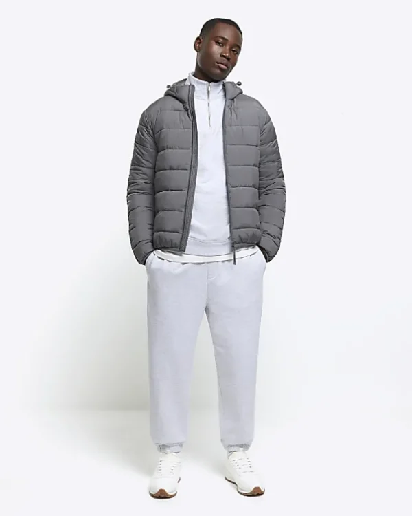 Grey regular fit hooded puffer jacket