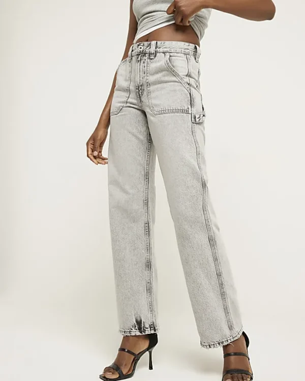 Grey relaxed straight cargo jeans