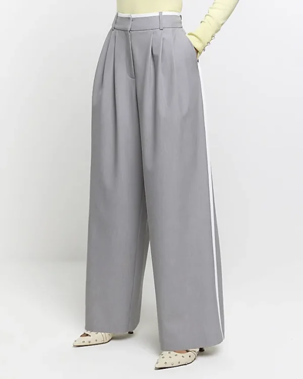 Grey side stripe wide leg trousers