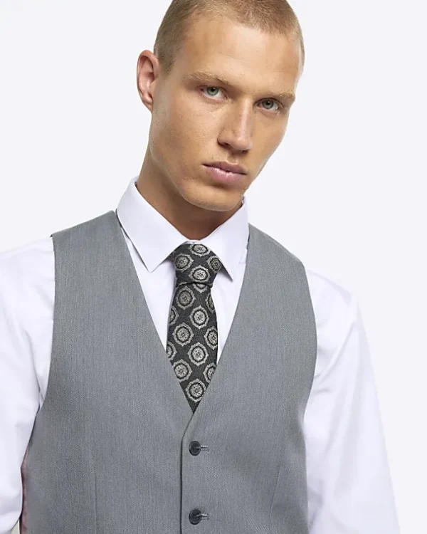 Grey Skinny fit twill suit waistcoat