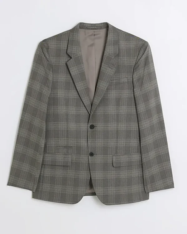 Grey slim fit check suit jacket