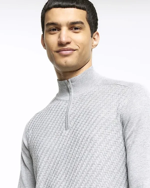 Grey slim fit diagonal half zip jumper