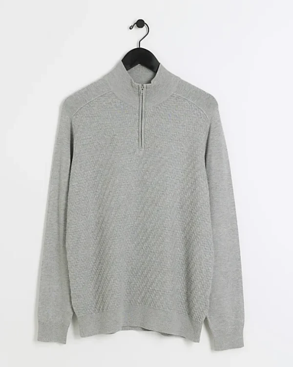 Grey slim fit diagonal half zip jumper