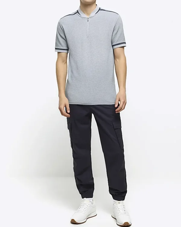 Grey slim fit taped baseball collar polo