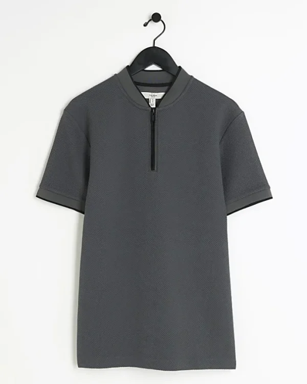 Grey slim fit textured baseball polo