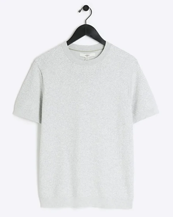 Grey slim fit textured knit t-shirt