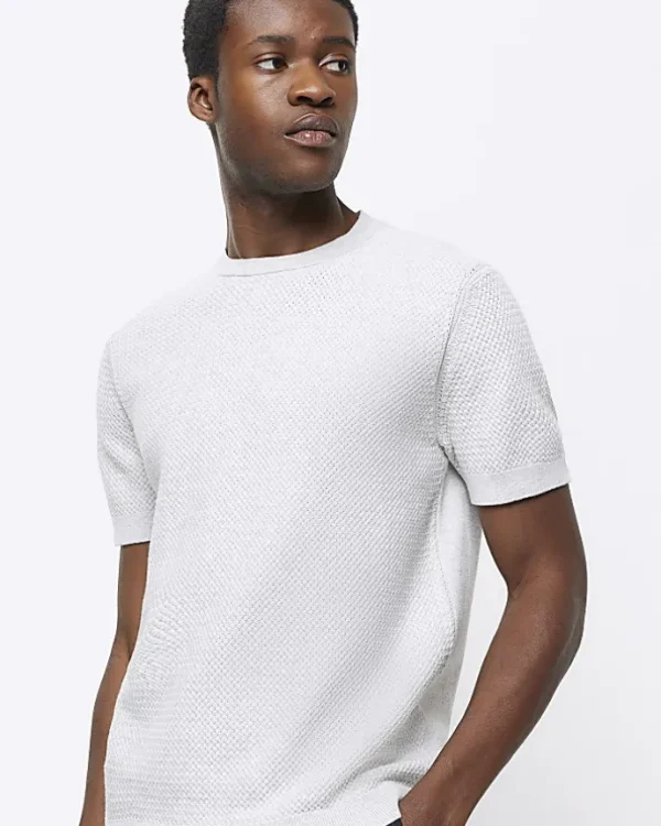 Grey slim fit textured knit t-shirt