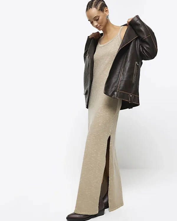 Grey split hem bodycon maxi dress