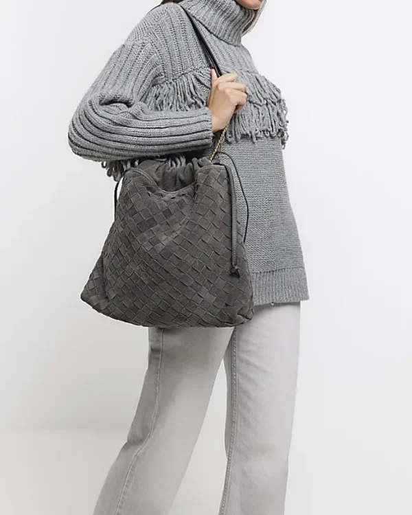 Grey suede weave slouch tote bag