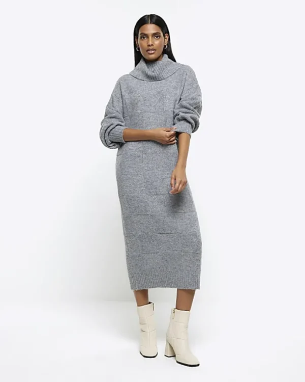 Grey textured roll neck jumper midi dress