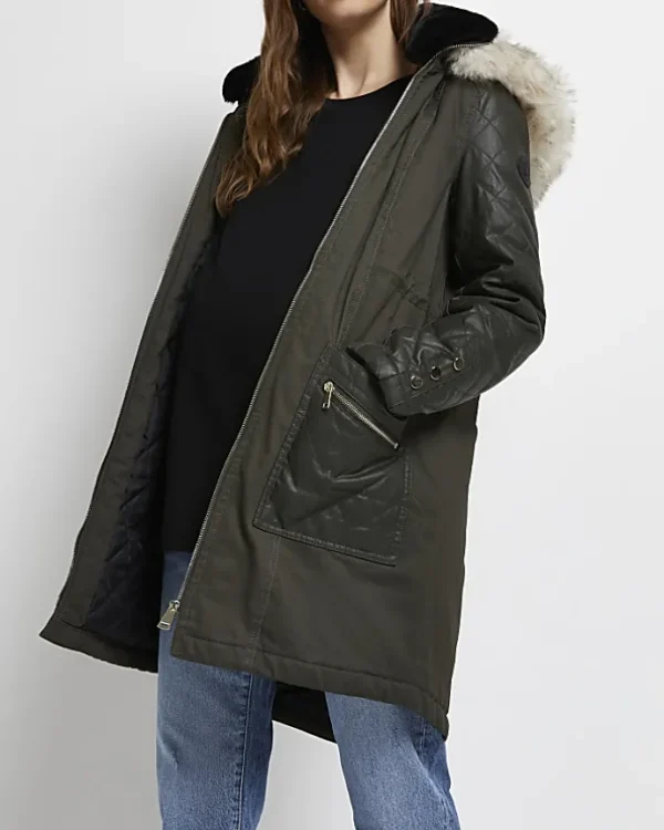 Khaki 3 in 1 maternity hooded parka coat