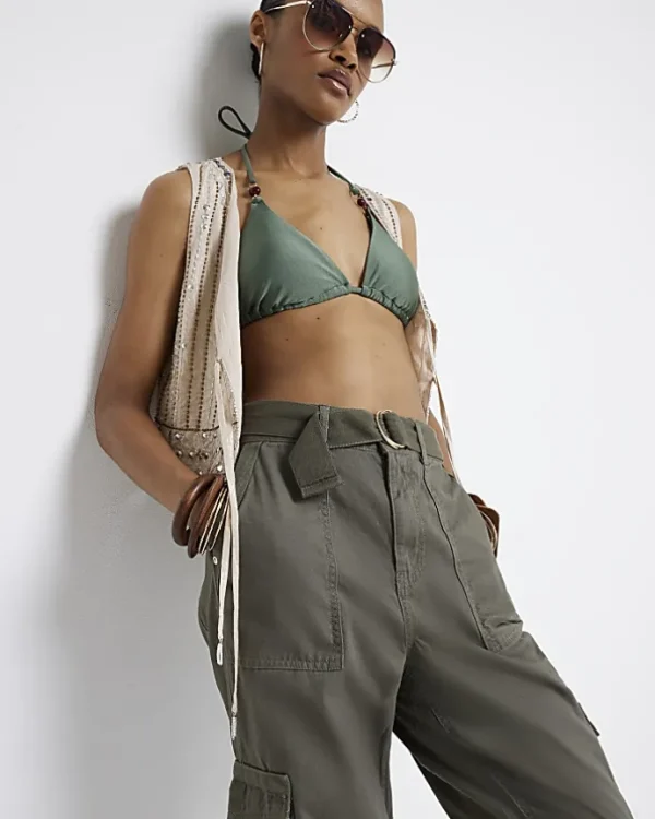 Khaki belted utility cargo trousers