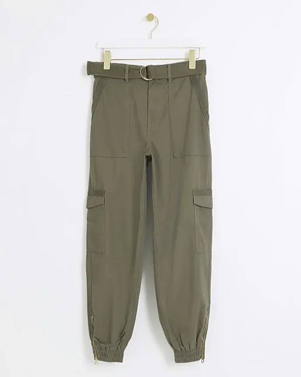 Khaki belted utility cargo trousers