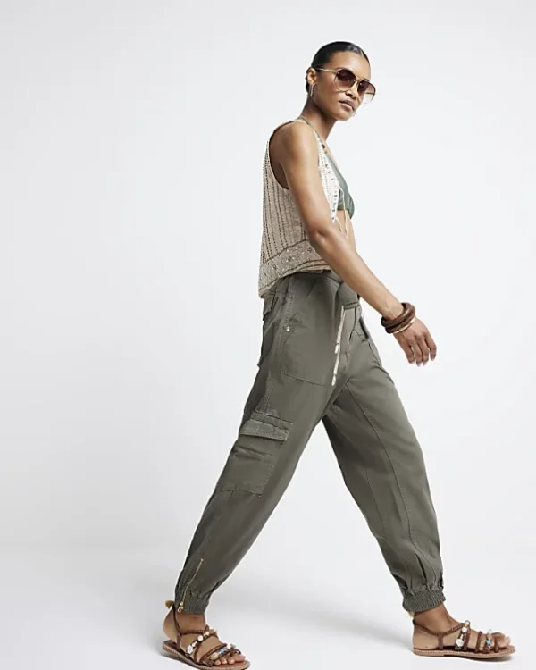 Khaki belted utility cargo trousers