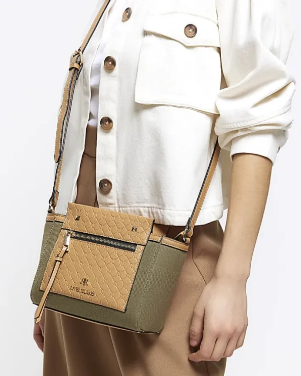 Khaki canvas embossed RI cross body bag