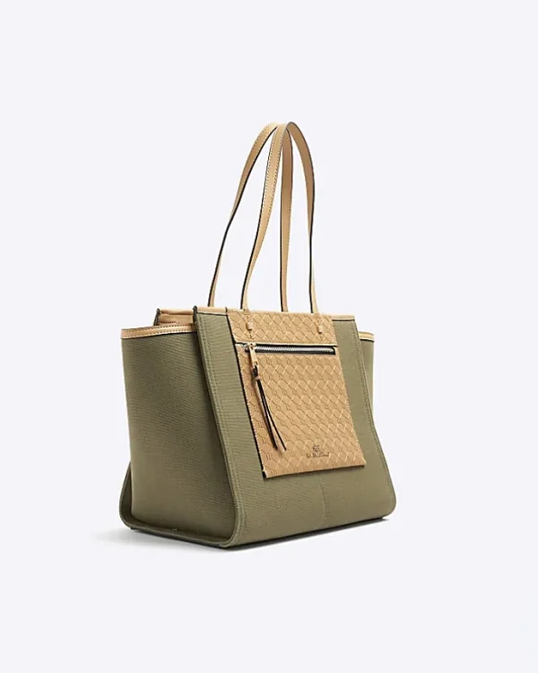 Khaki canvas embossed RI shopper bag