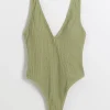 Khaki crinkle plunge swimsuit