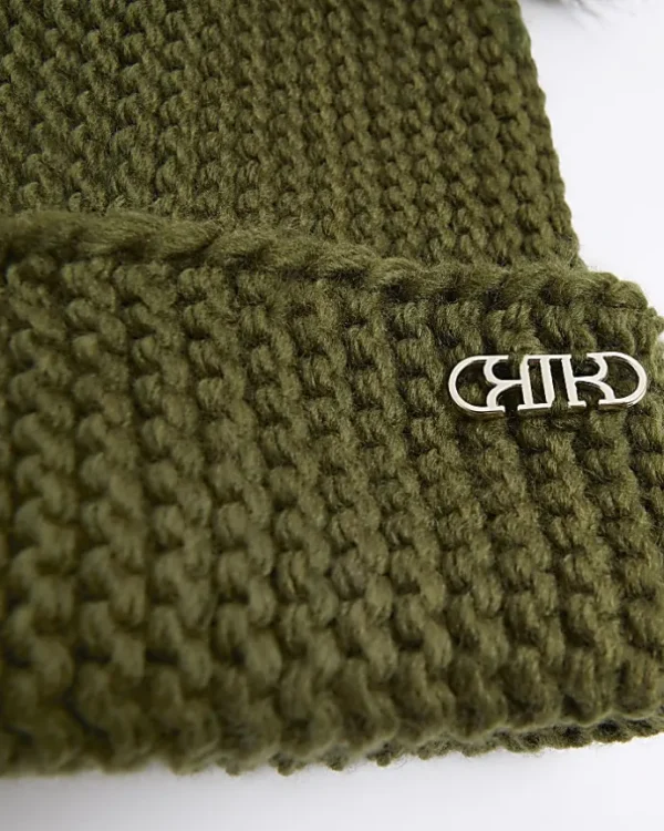 Khaki double pom pom beanie