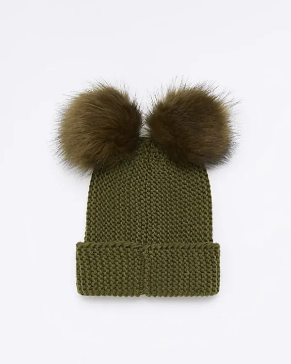 Khaki double pom pom beanie